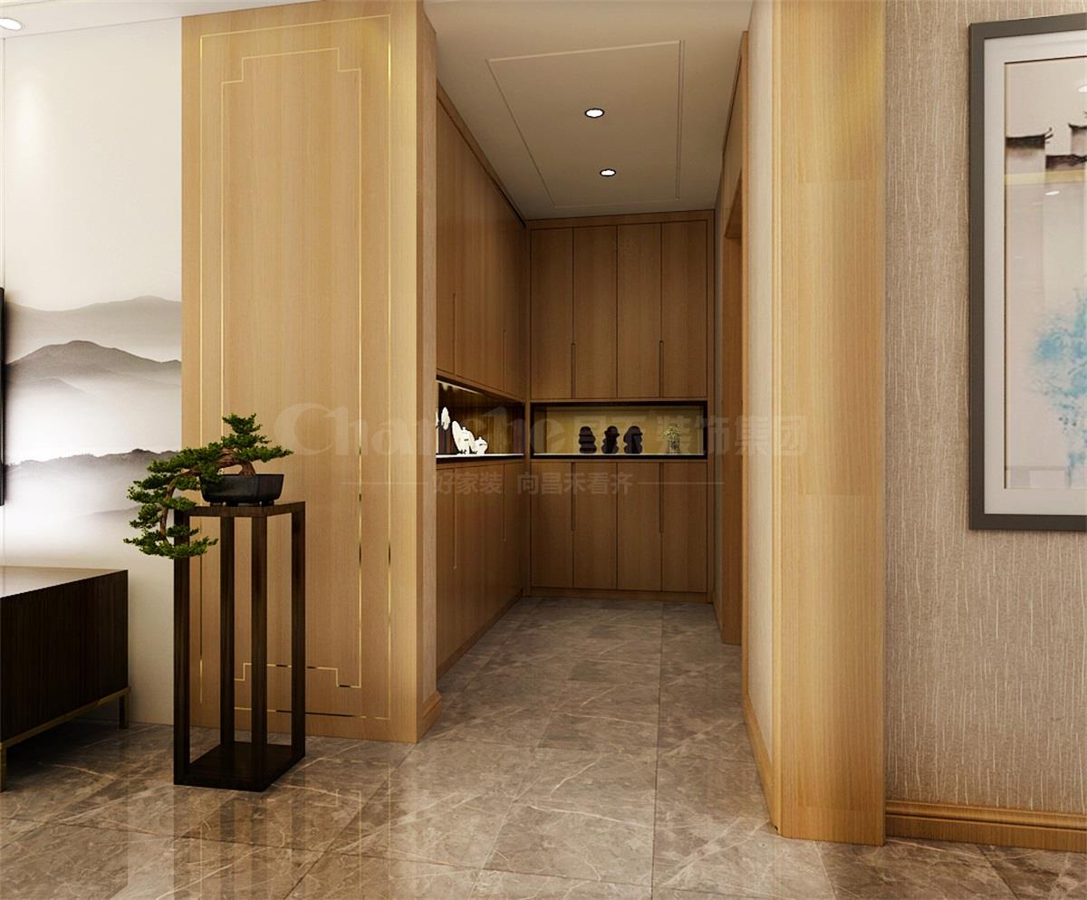 進(jìn)門處的鞋柜，既滿足了屋主的生活習(xí)慣，又體現(xiàn)出對(duì)自然人文古意的喜好之情。